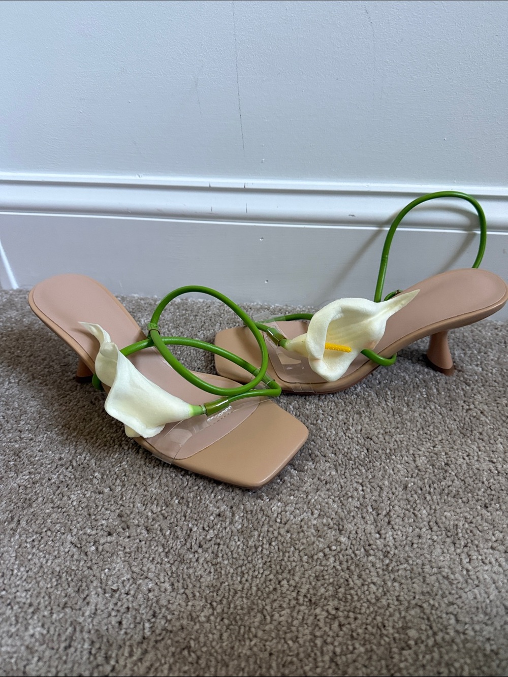 Beige and Green Floral Strap Women's Heeled Sandals